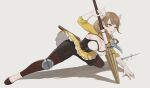  breasts brown_eyes brown_footwear brown_hair fire_emblem fire_emblem_engage gloves goldmary_(fire_emblem) highres holding holding_polearm holding_weapon large_breasts long_hair open_mouth pleated_skirt polearm simple_background skirt spear torn_clothes torn_gloves wangxiii weapon white_background white_gloves yellow_skirt 