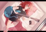  1girl absurdres ahoge bedroom black_shirt bocchi_the_rock! casual cellphone dolphin_shorts electric_guitar expressionless from_above guitar highres holding holding_guitar holding_instrument instrument kita_ikuyo letterboxed light_rays lying messy_hair on_back on_bed phone red_hair shigure_(sigre) shirt shorts smartphone solo sunbeam sunlight thigh_gap yellow_eyes 