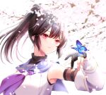  1girl assault_lily black_gloves black_hair black_shirt blue_butterfly blue_sailor_collar blurry blurry_background branch breasts bug butterfly butterfly_on_hand cherry_blossoms closed_mouth commentary_request depth_of_field detached_sleeves falling_petals gloves hair_between_eyes half_gloves hand_up high_ponytail highres large_breasts layered_sleeves lens_flare light_particles light_smile long_sleeves looking_at_animal looking_to_the_side medium_hair mizuha_(dreamchild_0504) nagasawa_yuki_(assault_lily) neckerchief odaiba_girls_high_school_uniform partially_fingerless_gloves petals ponytail purple_neckerchief red_eyes sailor_collar school_uniform serafuku shirt sleeveless sleeveless_shirt solo undershirt upper_body white_background white_shirt 