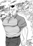  1boy alternate_costume bald_spot bara carrying_over_shoulder character_request employee_uniform facial_hair frown goatee greyscale highres kingdom_(series) large_pectorals looking_at_viewer male_focus monochrome muscular muscular_male pants pectorals sagawa_express shirt solo t-shirt tight_clothes tight_shirt translation_request tree_stump uniform wakwak_sam 