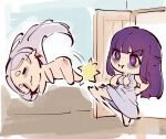  bags_under_eyes blunt_bangs bruise_on_ass chibi closed_eyes door dress drop_earrings earrings elf fern_(sousou_no_frieren) frieren highres jewelry kicking long_hair nashidrop nude pointy_ears pout purple_eyes purple_hair purple_pupils sketch sleeping sousou_no_frieren straight_hair white_dress white_hair 