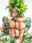  1girl 2boys :o abs arm_at_side armor broly_(dragon_ball_super) cheelai clenched_hand close-up dragon_ball dragon_ball_super_broly fingernails frown gloves green_hair grey_background hands_on_own_cheeks hands_on_own_face hat lemo_(dragon_ball) looking_at_viewer multiple_boys muscle nervous orange_eyes purple_eyes scar serious shirtless short_hair simple_background spiked_hair st62svnexilf2p9 standing sweatdrop upper_body white_gloves white_hair yellow_eyes 