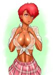  abs breasts cleavage covered_nipples dark_skin dirty_pair highres kei_(dirty_pair) large_breasts midriff plaid plaid_skirt puckered_lips red_eyes red_hair renko_(gayosiz) see-through shirt short_hair skirt sleeves_rolled_up tied_shirt wet wet_clothes wet_shirt 