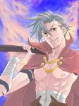  bandages blue_hair cape kamina male_focus red_eyes ru&amp;pauda_(artist) sarashi shirtless solo sword tattoo tegaki tengen_toppa_gurren_lagann weapon 