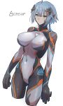  1girl absurdres blue_hair bodysuit breasts covered_nipples highres large_breasts original short_hair sigure-zzzz simple_background skin_tight thighs 