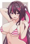  1girl :d alternate_breast_size arm_behind_head azki_(4th_costume)_(hololive) azki_(hololive) bikini black_hair blush_stickers breasts cleavage hair_between_eyes hair_intakes hair_ornament hololive large_breasts long_hair multicolored_hair navel open_mouth pink_hair purple_eyes smile solo stomach streaked_hair striped striped_bikini swimsuit upper_body very_long_hair virtual_youtuber white_hair zou_eita 