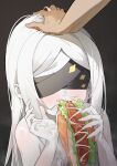  1girl 1other absurdres areola_slip blindfold blue_archive colored_skin completely_nude covered_eyes eating food food_on_face headpat highres hot_dog long_sleeves nude ohr_(blue_archive) riok_hh sausage sexually_suggestive upper_body white_hair white_skin 