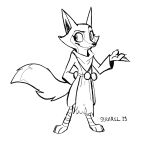 anthro belt belt_pouch black_and_white canid canine claws corsac_fox digitigrade female fox leg_wraps line_art long_sleeves mammal monochrome serareldeer signature sketch solo wraps zhen_(kung_fu_panda)