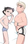  2boys black_eyes black_hair blonde_hair boxers commentary_request dakimakura_(medium) frown hasami_(hasami25) highres lying male_focus male_underwear multiple_boys muscular muscular_male nipples on_side scott_pilgrim_(series) scott_pilgrim_takes_off skinny sweatdrop todd_ingram underwear wallace_wells 