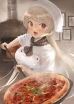  1girl alternate_costume blush breasts brown_eyes chef conte_di_cavour_(kancolle) cooking food grey_hair head_scarf highres indoors kantai_collection large_breasts long_hair looking_at_viewer open_mouth pizza short_sleeves smile solo toka_(marchlizard) white_headwear 