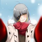  1girl coat darkpulsegg eyepatch girls&#039;_frontline gloves m16a1_(boss)_(girls&#039;_frontline) m16a1_(girls&#039;_frontline) meme pov_cheek_warming_(meme) red_gloves red_scarf scar scarf shy smile snow white_coat white_hair yellow_eyes 