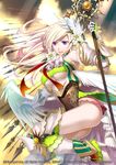  alteil_ii armor blonde_hair boots breasts character_request fantasy flower hair_flower hair_ornament large_breasts long_hair miogrobin no_panties polearm purple_eyes solo spear thigh_boots thighhighs underboob weapon wings 