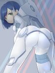  1girl annoyed arm_at_side artist_name ass bent_over blue_hair bob_cut bodysuit breasts commentary cowboy_shot darling_in_the_franxx from_behind furrowed_brow green_eyes hair_ornament hairclip highres hirota_fruit hood hood_down ichigo_(darling_in_the_franxx) leaning_forward looking_at_viewer looking_back loose_hair_strand parted_lips pilot_suit short_hair skin_tight small_breasts solo swept_bangs twitter_username white_bodysuit 