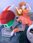  1980s_(style) 1girl blue_eyes clare_barbland dress ginga_hyouryuu_vifam leg_warmers long_hair mecha moroboshi_danshaku official_style orange_hair radio_antenna retro_artstyle robot science_fiction signature skirt spacecraft_interior vifam zero_gravity 