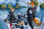 absurd_res anthro boat canid canine canis cloudscape coyote diving domestic_dog duo ewademar hi_res island landscape male male/male mammal mountain paws sea sky vehicle water watercraft