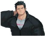  1boy bara black_hair cropped_torso goatee_stubble half-closed_eyes hand_on_own_neck jacket large_pectorals layered_skirt light_frown male_focus mature_male muscular muscular_male nogitu original partially_unzipped pectorals sanpaku short_hair sketch skirt solo thick_eyebrows 