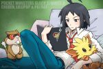  1boy ahoge belt black_hair character_name cheren_(pokemon) collared_shirt copyright_name green_background lillipup lying male_focus necktie patrat pokemon pokemon_(creature) pokemon_bw2 reading red_necktie shirt signature wackybee white_shirt 