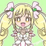  1girl blonde_hair bow braid bright_pupils brown_eyes choker cure_echo detached_sleeves green_background hair_bow highres magical_girl mayena open_mouth outline own_hands_together precure precure_all_stars sakagami_ayumi signature simple_background smile solo strap twin_braids twitter_username upper_body waist_bow white_choker white_outline 