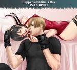  1girl ada_wong asia_airport bed black_hair blonde_hair china_dress chinese_clothes chocolate choker couple dress fingerless_gloves gloves hetero leon_s_kennedy lowres red_dress resident_evil resident_evil_4 shirt short_hair side_slit t-shirt thigh_strap valentine 