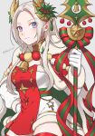  1girl blue_eyes cape dress edelgard_von_hresvelg edelgard_von_hresvelg_(snowfall_future) fake_horns fire_emblem fire_emblem:_three_houses fire_emblem_heroes gloves hair_ornament highres holding holding_polearm holding_weapon horns long_hair long_sleeves looking_at_viewer multicolored_clothes official_alternate_costume peach11_01 polearm purple_eyes red_cape red_dress red_thighhighs smile solo thighhighs weapon white_dress white_gloves white_hair 