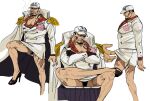  2boys bara censored chest_tattoo cigar clothes_lift coat collared_shirt cropped_legs crossdressing crossed_arms flower high_heels kin9_y3ah_q large_hands large_pectorals leg_lift lifted_by_another male_focus multiple_boys multiple_views muscular muscular_male old old_man one_piece pectoral_cleavage pectorals rose sakazuki_(akainu) scar scar_on_leg shirt short_hair skirt skirt_lift smoking solo_focus tattoo thick_eyebrows walking yaoi 