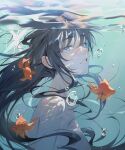  1girl absurdres air_bubble animal black_hair blue_archive blue_eyes blue_halo breasts bubble fish halo highres long_hair medium_breasts parted_lips saori_(blue_archive) seizou_hidzuke solo underwater upper_body 