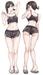  1girl absurdres armpits arms_up ass bare_arms bare_legs bare_shoulders black_eyes black_hair black_shorts breasts camisole chainsaw_man cleavage commentary_request crop_top flip-flops full_body grey_footwear hair_ornament hairclip hand_up higashiyama_kobeni highres kneepits midriff multiple_views navel nui_gurumi sandals short_hair short_shorts shorts simple_background spaghetti_strap standing stomach thighs underbutt white_background 