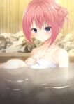  1girl absurdres bare_shoulders blue_eyes blush breasts calamity_saika cleavage closed_mouth commentary eyelashes eyes_visible_through_hair hair_between_eyes hair_bun hand_on_own_chest highres knees_up large_breasts looking_down medium_hair naked_towel one_side_up onsen ozato_fumika partially_submerged red_hair reflection reflective_water single_side_bun sitting smile solo split_mouth steam tenshi_souzou_re-boot! towel tsurime water wet 