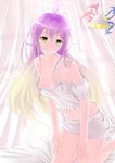  ahoge bed bed_sheet blonde_hair breasts camisole canopy_bed cleavage gradient_hair highres hijiri_byakuren kneeling lingerie medium_breasts midriff multicolored_hair navel purple_hair solo strap_slip tipyhoho touhou transparent_background two-tone_hair ufo underwear yellow_eyes 