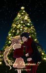  1girl 2009 bad_id bad_pixiv_id bishoujo_senshi_sailor_moon black_hair blonde_hair bow capelet christmas christmas_tree closed_eyes couple fur hetero highres holding_hands imminent_kiss long_hair merry_christmas night night_sky pants scarf seiya_kou skirt sky smile tsukino_usagi twintails violetcoral 