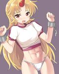  abs blonde_hair blush chain cuffs fundoshi horn hoshiguma_yuugi inaho japanese_clothes long_hair muscle no_pants pointy_ears red_eyes solo touhou very_long_hair younger 