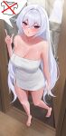  1girl ;o absurdres aircell blush breasts bronya_zaychik bronya_zaychik_(silverwing:_n-ex) cleavage crossed_bangs double-parted_bangs drill_hair grey_eyes grey_hair hair_between_eyes highres honkai_(series) honkai_impact_3rd large_breasts long_hair looking_at_viewer naked_towel one_eye_closed sauna sidelocks solo sweat thought_bubble towel very_long_hair 