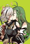  2girls ahoge antenna_hair arknights ban_syou bare_shoulders black_hair black_shirt blood blood_in_hair blood_on_clothes blood_on_face brown_gloves closed_eyes d-pad d-pad_hair_ornament gavial_(arknights) gloves goggles goggles_around_neck green_background green_hair grey_hair hair_ornament heart highres holding holding_staff kiss long_hair multicolored_hair multiple_girls partially_fingerless_gloves pointy_ears shirt short_hair simple_background staff streaked_hair tomimi_(arknights) upper_body yellow_eyes yuri 
