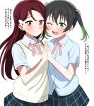  2girls absurdres black_hair blue_shirt blue_skirt blush closed_mouth collared_shirt gradient_hair green_eyes green_hair highres holding_hands in-franchise_crossover long_hair looking_at_viewer love_live! love_live!_nijigasaki_high_school_idol_club love_live!_sunshine!! medium_hair multicolored_hair multiple_girls neck_ribbon nijigasaki_academy_school_uniform one_eye_closed open_mouth parted_bangs pink_ribbon plaid plaid_skirt red_hair ribbon sakurauchi_riko school_uniform shinonome_sakura shirt short_sleeves sidelocks skirt summer_uniform sweater takasaki_yuu teeth translation_request twintails upper_body upper_teeth_only yellow_eyes yellow_sweater 