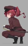  1girl ass belt black_footwear blush boots bungou_stray_dogs collagen crotch_seam from_behind gloves grey_background hair_between_eyes hat highres looking_at_viewer looking_back military_hat military_uniform okura_teruko_(bungou_stray_dogs) pants pink_eyes red_hair saber_(weapon) sheath sheathed side_ponytail simple_background solo squatting sword uniform weapon white_gloves 