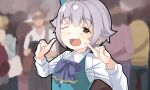 1girl :d ;d blue_bow blue_headwear blue_vest bow collared_shirt dress_shirt grey_hair hair_flaps hands_up hat idolmaster idolmaster_cinderella_girls idolmaster_cinderella_girls_starlight_stage koshimizu_sachiko long_sleeves looking_at_viewer mini_hat one_eye_closed people pointing pointing_at_self puffy_long_sleeves puffy_sleeves shirt smile solo_focus tilted_headwear upper_body vest white_shirt yukie_(kusaka_shi) 
