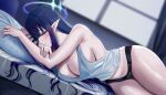  1girl alternate_costume bare_shoulders bed black_hair black_panties blue_archive blue_eyes blue_hair blush breasts cleavage colored_inner_hair halo highres large_breasts long_hair looking_at_viewer lying multicolored_hair nicky_w on_bed on_side panties pillow pointy_ears rin_(blue_archive) sideboob solo tank_top thighs underwear very_long_hair white_tank_top 