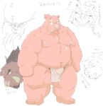 2023 anthro asian_clothing belly big_belly blush brown_body clothing east_asian_clothing facial_piercing flaccid fundoshi genitals hi_res japanese_clothing japanese_text kemono male mammal moobs nipples nose_piercing nose_ring overweight overweight_male penis piercing pink_body ring_piercing simple_background small_penis solo suid suina suishou0602 sus_(pig) text underwear white_background wild_boar