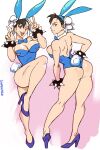  1girl ;d animal_ears artist_name ass back bare_shoulders blue_bow blue_bowtie blue_leotard bow bow_choker bowtie bracelet breasts brown_eyes brown_hair chun-li cleavage double_bun double_v earrings english_commentary fake_animal_ears fake_tail hair_bun high_heels highres jewelry large_breasts leg_up leotard multiple_views one_eye_closed open_mouth playboy_bunny rabbit_ears rabbit_tail short_hair smile sooperman spiked_bracelet spikes strapless strapless_leotard street_fighter tail teeth thighs upper_teeth_only v 