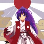  1girl closed_mouth coat commentary_request cowboy_shot flat_chest hair_over_one_eye hakama highres japanese_clothes kaigen_1025 kimono long_hair looking_at_viewer meira_(touhou) open_clothes open_coat ponytail purple_eyes purple_hair red_coat ribbon sleeveless solo touhou touhou_(pc-98) white_hakama white_kimono white_ribbon 