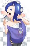  1girl absurdres black_pants blue_hair breasts chest_sarashi commentary cowboy_shot dot_nose hair_over_one_eye highres medium_hair omnivore-kun_(pixiv92911323) pants red_eyes sarashi shiver_(splatoon) small_breasts smile solo splatoon_(series) splatoon_3 tentacle_hair thick_eyebrows torn_clothes torn_pants white_background 
