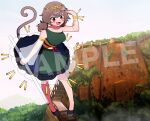 1girl absurdres brown_hair china commission detached_sleeves dress full_body highres low_twintails mountain nature open_mouth outdoors red_eyes solo son_biten tagme touhou twintails watermark white_sleeves you_(noanoamoemoe) 