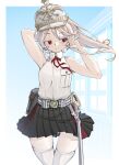  1girl armpits arms_behind_back bare_shoulders combat_helmet grey_hair helmet highres military_uniform panties pleated_skirt ponytail red_eyes saber_(weapon) shirt skirt sleeveless sleeveless_shirt solo sword thighhighs underwear uniform weapon white_panties window 