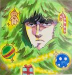  1boy black_hair christmas_ornaments christmas_tree derivative_work expressionless head_only highres hokuto_no_ken kenshiro looking_to_the_side meme scene_reference solo tatutatuta45 