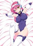  armpits arms_up bed_sheet blue_leotard blush boots breasts crueltear large_breasts leotard long_hair nonsugar pink_hair skin_tight smile solo thigh_boots thighhighs trigger_heart_exelica white_legwear yellow_eyes 