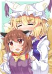  2girls absurdres animal_ear_piercing animal_ears blonde_hair blue_tabard brown_hair cat_ears chen closed_eyes dress fang fox_ears fox_tail hands_in_opposite_sleeves hat highres hug long_sleeves mob_cap multiple_girls ofuda ofuda_on_clothes red_eyes schinfaxi1996 tabard tail touhou white_dress wide_sleeves yakumo_ran 