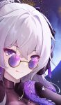  1girl absurdres breasts bronya_zaychik bronya_zaychik_(silverwing:_n-ex) chu_ling cleavage closed_mouth dress glasses grey_eyes grey_hair highres honkai_(series) honkai_impact_3rd large_breasts long_hair looking_at_viewer moon pince-nez purple_dress semi-rimless_eyewear smile solo tongue tongue_out under-rim_eyewear upper_body very_long_hair 