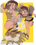  &gt;_&lt; 2girls bare_shoulders border brown_eyes brown_footwear brown_hair eevee elaine_(pokemon) haraya hat holding_hands leaf_(pokemon) long_hair looking_at_another multiple_girls official_alternate_color open_mouth outside_border pokemon pokemon_(creature) pokemon_masters_ex running shirt short_sleeves shorts signature skirt sleeveless sleeveless_shirt teeth upper_teeth_only white_border yellow_background 