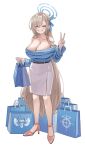  1girl asuna_(blue_archive) bag bare_shoulders blonde_hair blue_archive blue_eyes blue_ribbon blue_sweater breasts cleavage full_body grin hair_ribbon hand_up high_heels highres large_breasts long_hair long_sleeves looking_at_viewer o-los off-shoulder_sweater off_shoulder pink_footwear ribbon shopping_bag simple_background skirt smile solo standing sweater v very_long_hair white_background white_skirt 