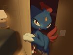 ambiguous_gender bed bedroom bodily_fluids claws crayon feral furniture generation_2_pokemon hi_res inkune lamp lightswitch nintendo open_mouth opening_door pokemon pokemon_(species) sneasel solo sweat teeth tongue